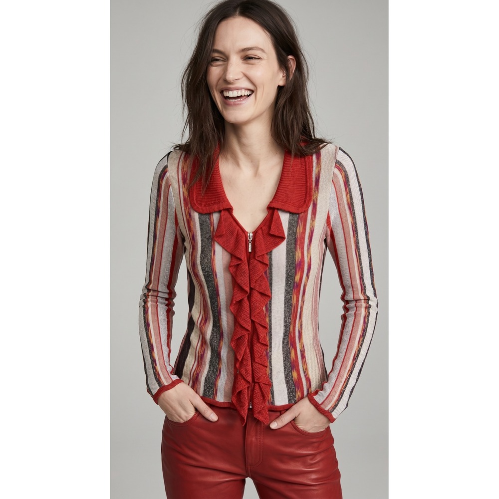 Vintage WR 9000 Silk Stripe Knit Cardigan Y2K Ruffle Zip Up Sweater S Whimsygoth
